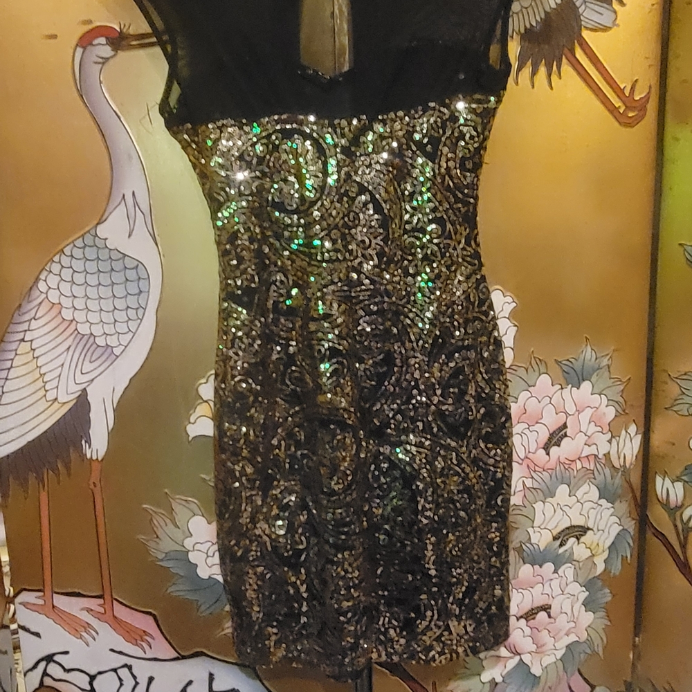 Papaya Green and Gold Sequin Sheath Mini Dress